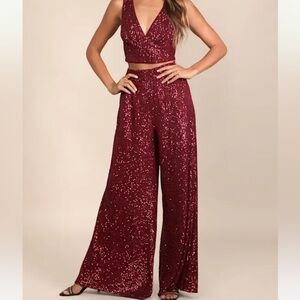 Lulu's Burgundy Sequin Wide Leg Two Piece Jumpsuit